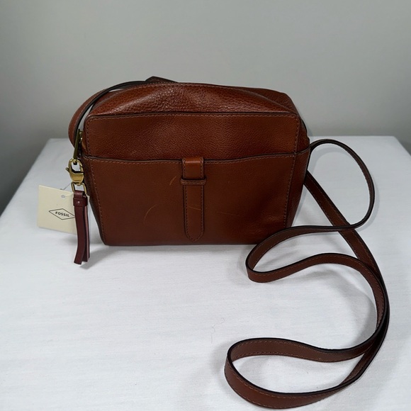 NWT Fossil Sydney Leather Camera Crossbody Medium Brown Cognac - Picture 15 of 15